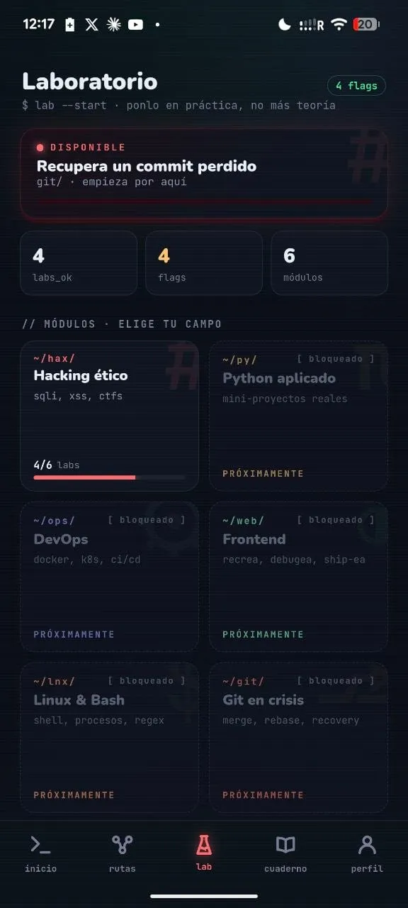 El laboratorio: retos prácticos por módulo —hacking ético, Python aplicado, DevOps, frontend, Linux y Git— con un reto de recuperar un commit perdido disponible.
