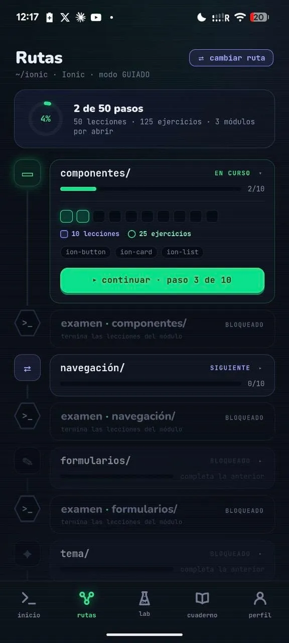 Las rutas en móvil: 50 pasos de Ionic con el módulo de componentes en curso y los de navegación, formularios y tema por delante.