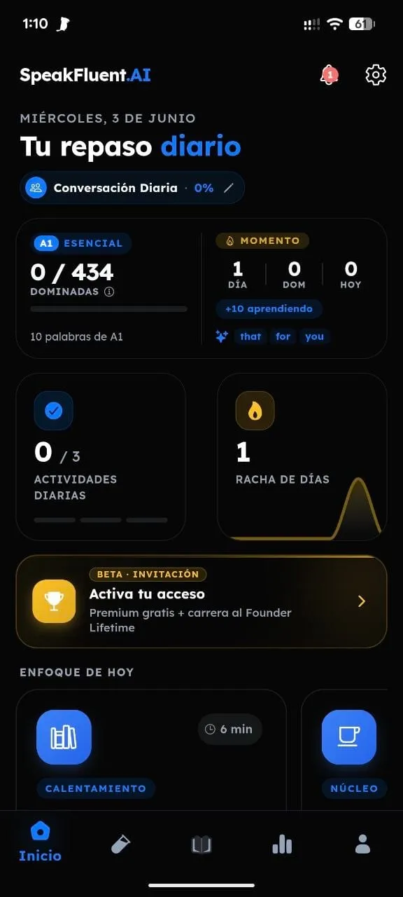 El repaso diario: 434 palabras del nivel A1 por dominar, la racha, las tres actividades del día y el acceso a la beta por invitación.