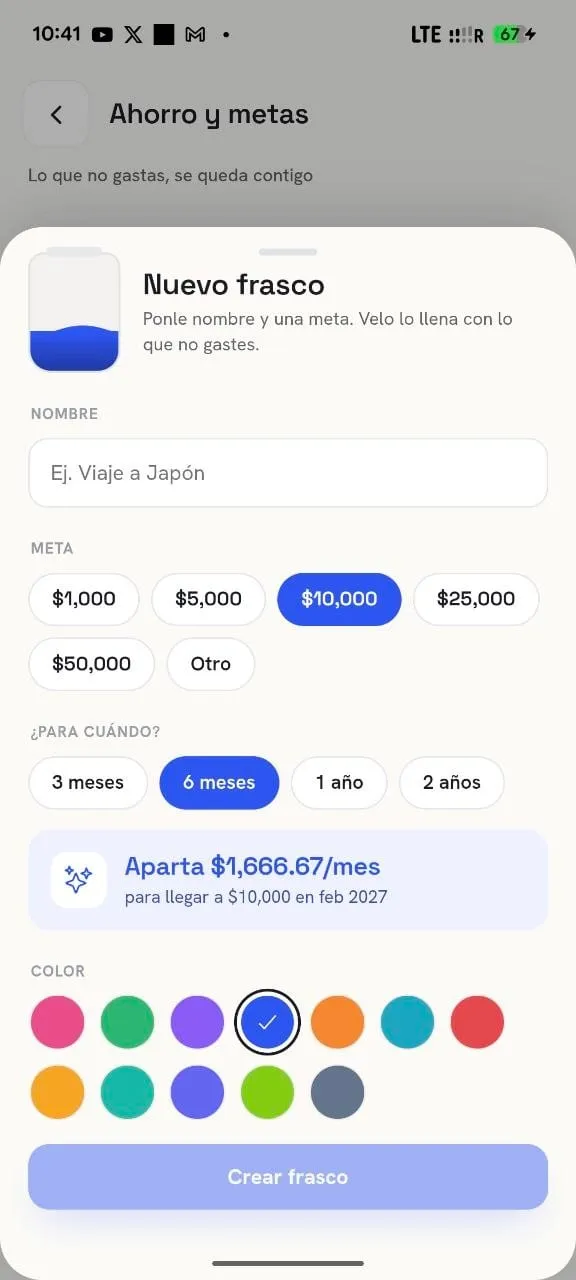 Creación de un frasco: nombre, meta, plazo y el cálculo de cuánto apartar al mes para llegar.