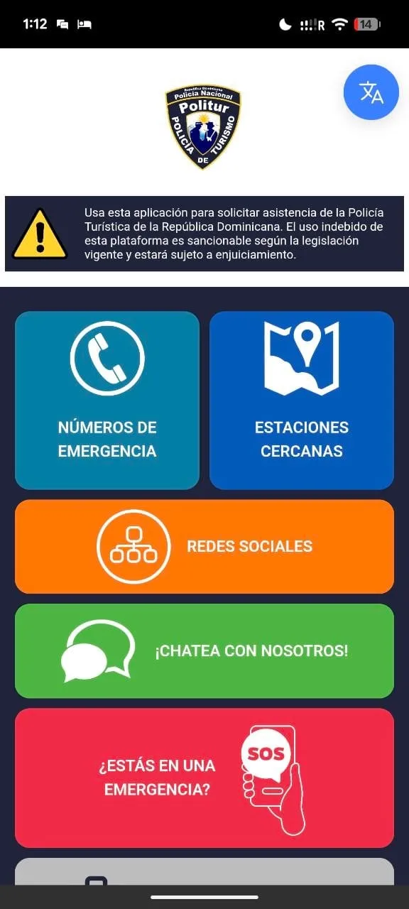 Inicio de Politur: números de emergencia, estaciones cercanas, chat de asistencia y botón SOS, con el aviso legal de uso.