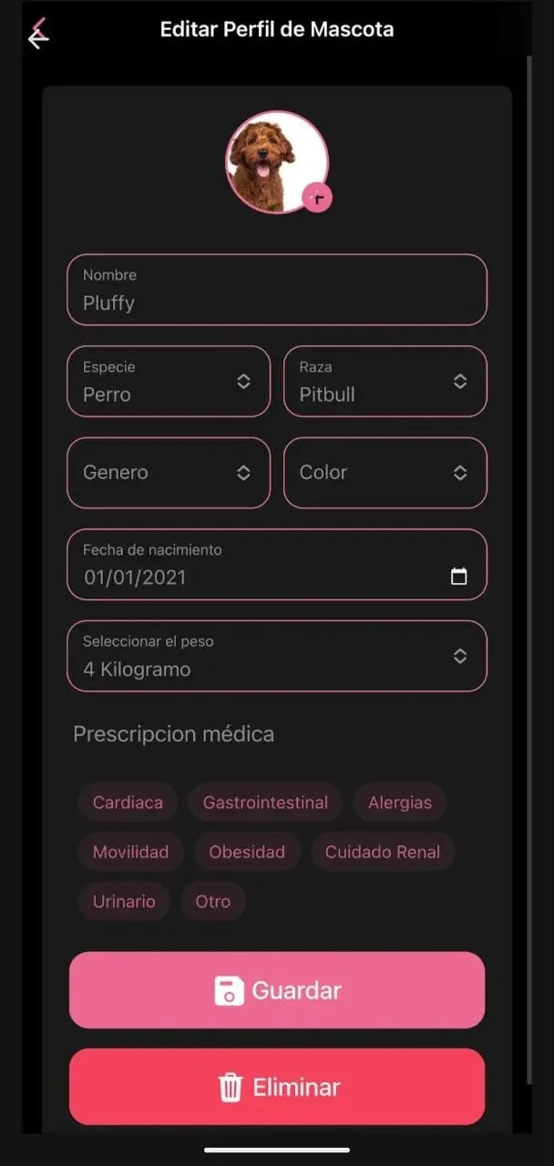 Ficha de la mascota: especie, raza, peso y prescripciones médicas por condición.