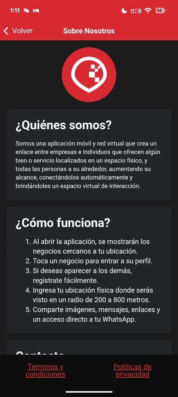 Pantalla de «cómo funciona»: los negocios aparecen en un radio de 200 a 800 metros de tu ubicación.