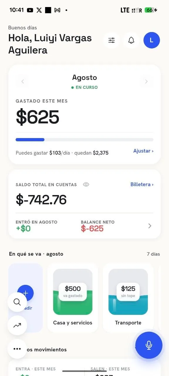 Inicio de velo: gastado en el mes, cuánto puedes gastar al día, saldo total y en qué se va el dinero por categoría.
