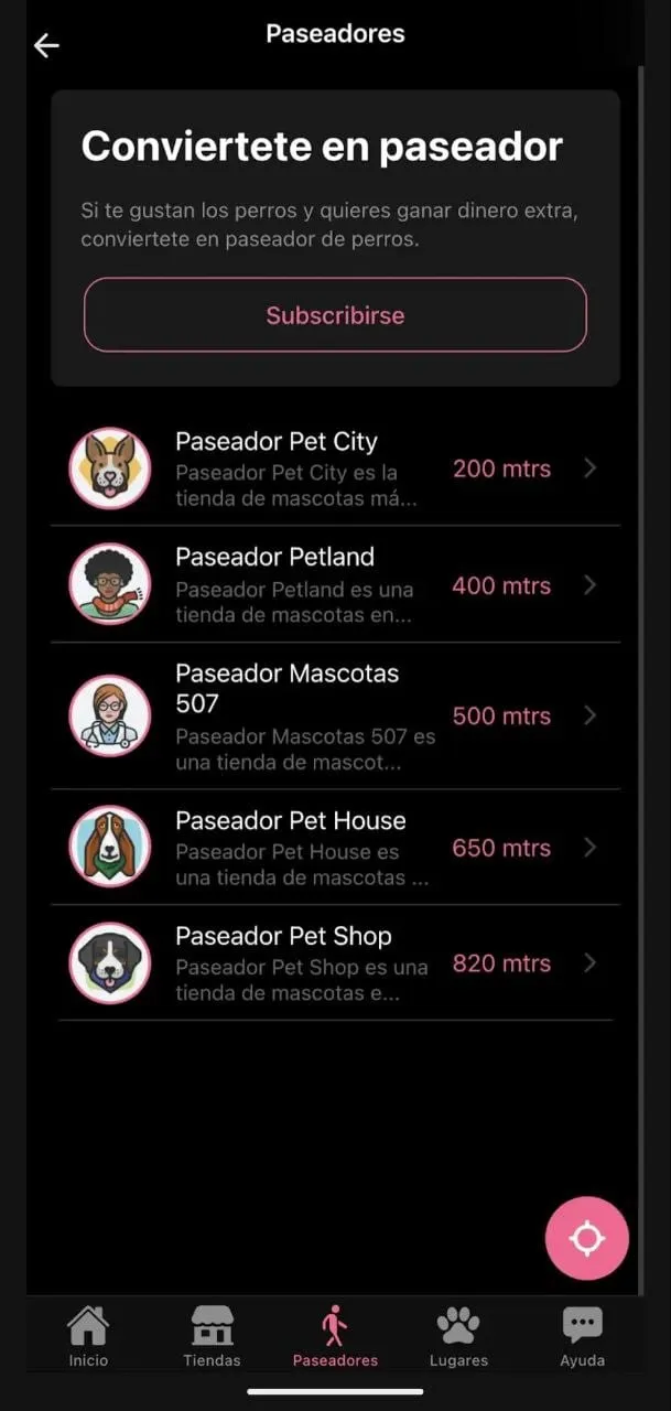 Paseadores cercanos ordenados por distancia, y el alta para convertirse en paseador.