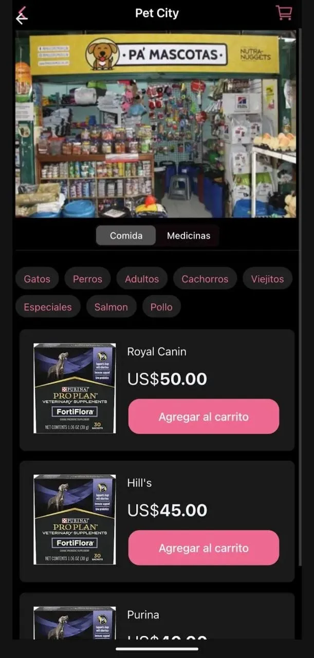 Tienda dentro de la app: catálogo por categoría con comida y medicinas y compra directa al carrito.