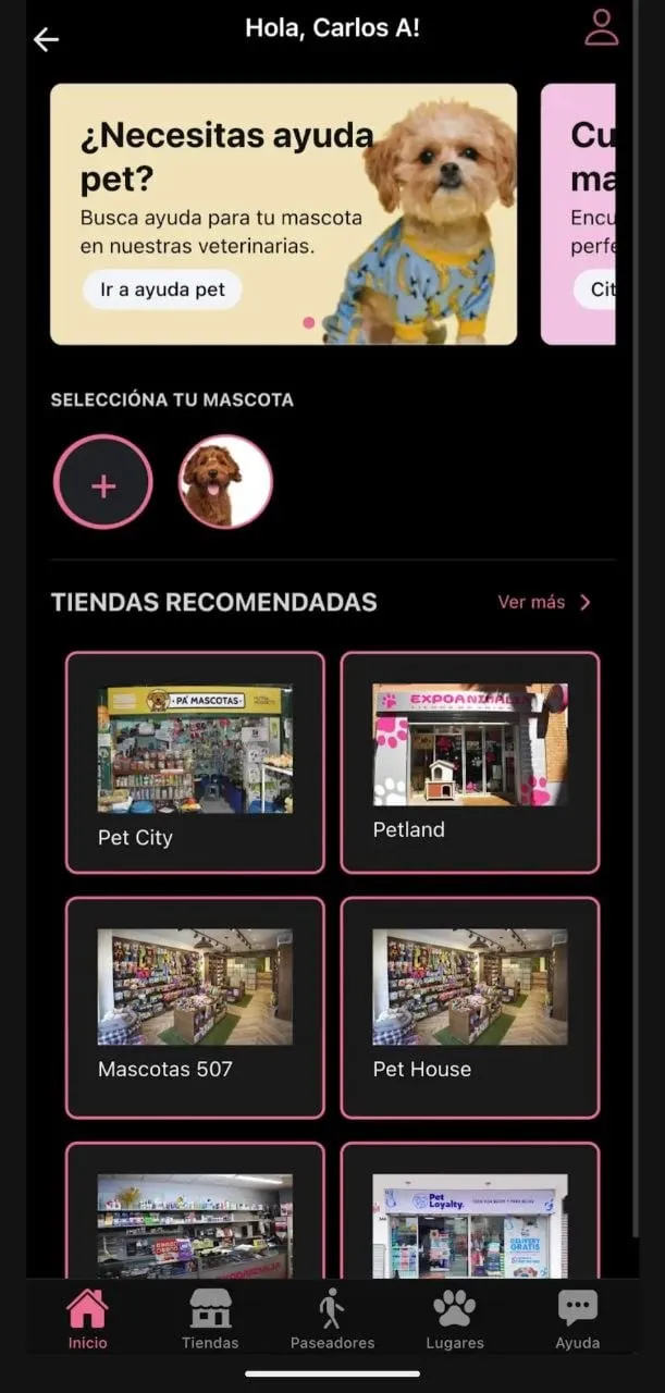 Inicio de LolaPets: selector de mascota, acceso a ayuda veterinaria y las tiendas recomendadas cerca.
