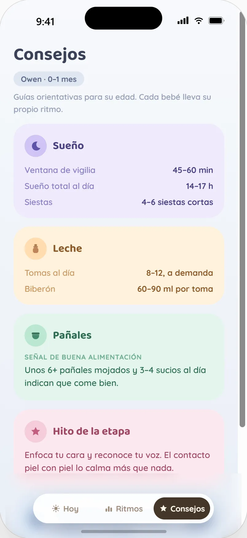 Consejos de 0 a 1 mes: ventana de vigilia de 45-60 min, 14-17 h de sueño, 8-12 tomas al día, señales de buena alimentación por pañales e hito de reconocer la voz.