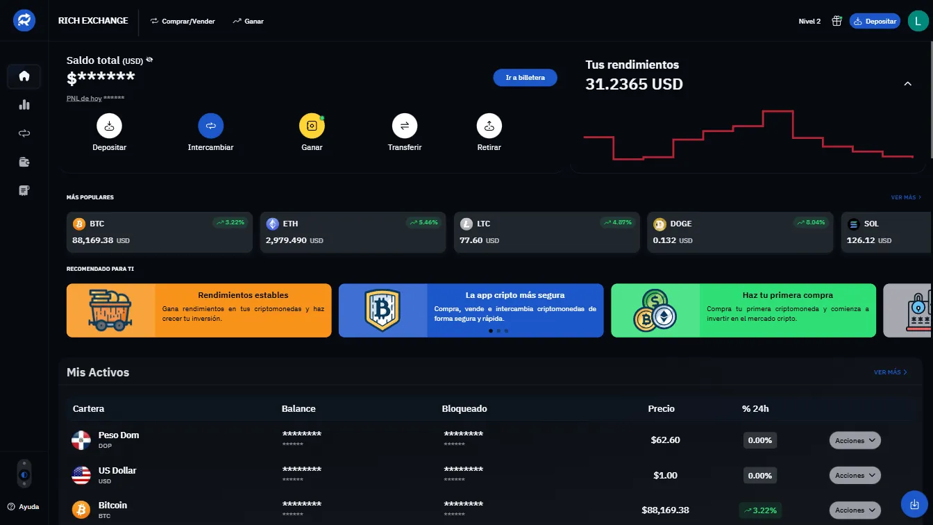 Panel de Rich Exchange: saldo total, accesos a depositar e intercambiar, precios en vivo de BTC, ETH y LTC, y la cartera con peso dominicano.