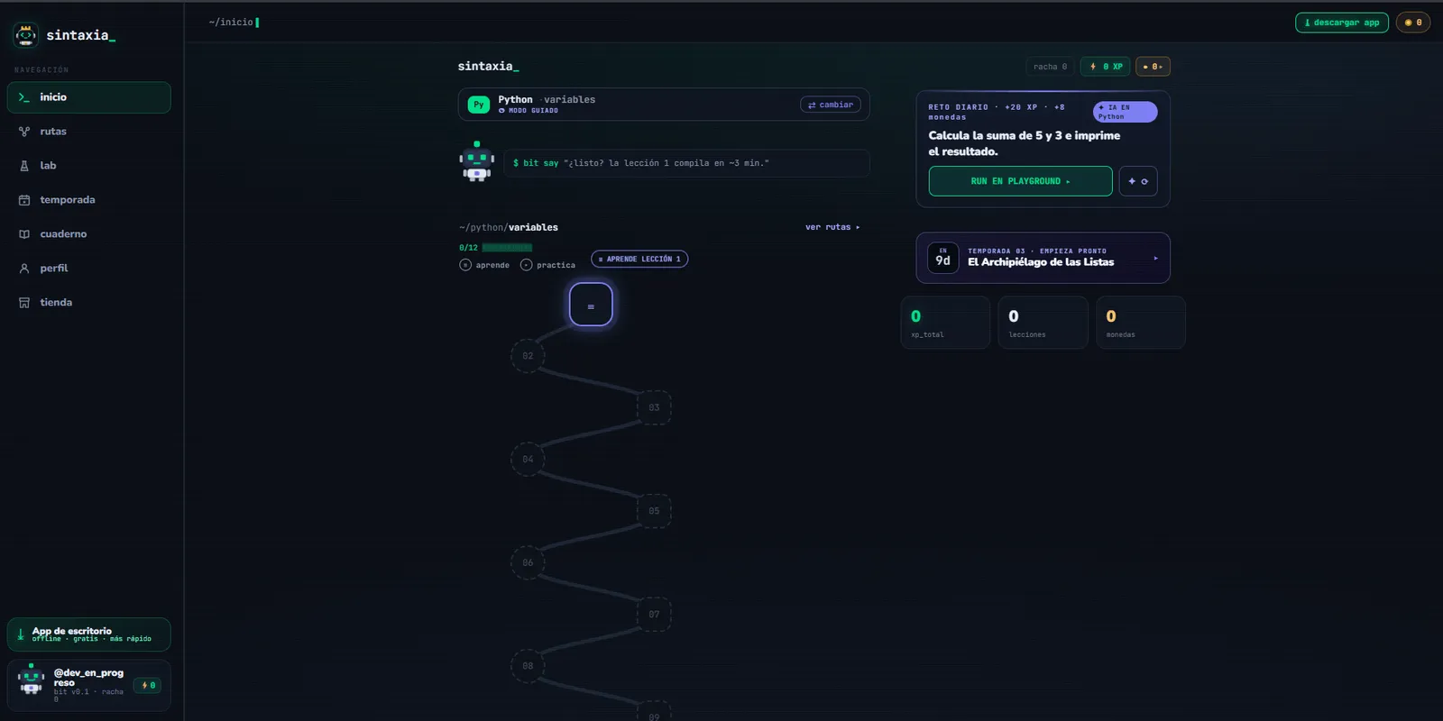Inicio de la plataforma con la ruta de Python activa y el botón para cambiar de ruta, bit anunciando que la lección 1 compila en unos tres minutos, el reto diario y los contadores de XP, lecciones y monedas.