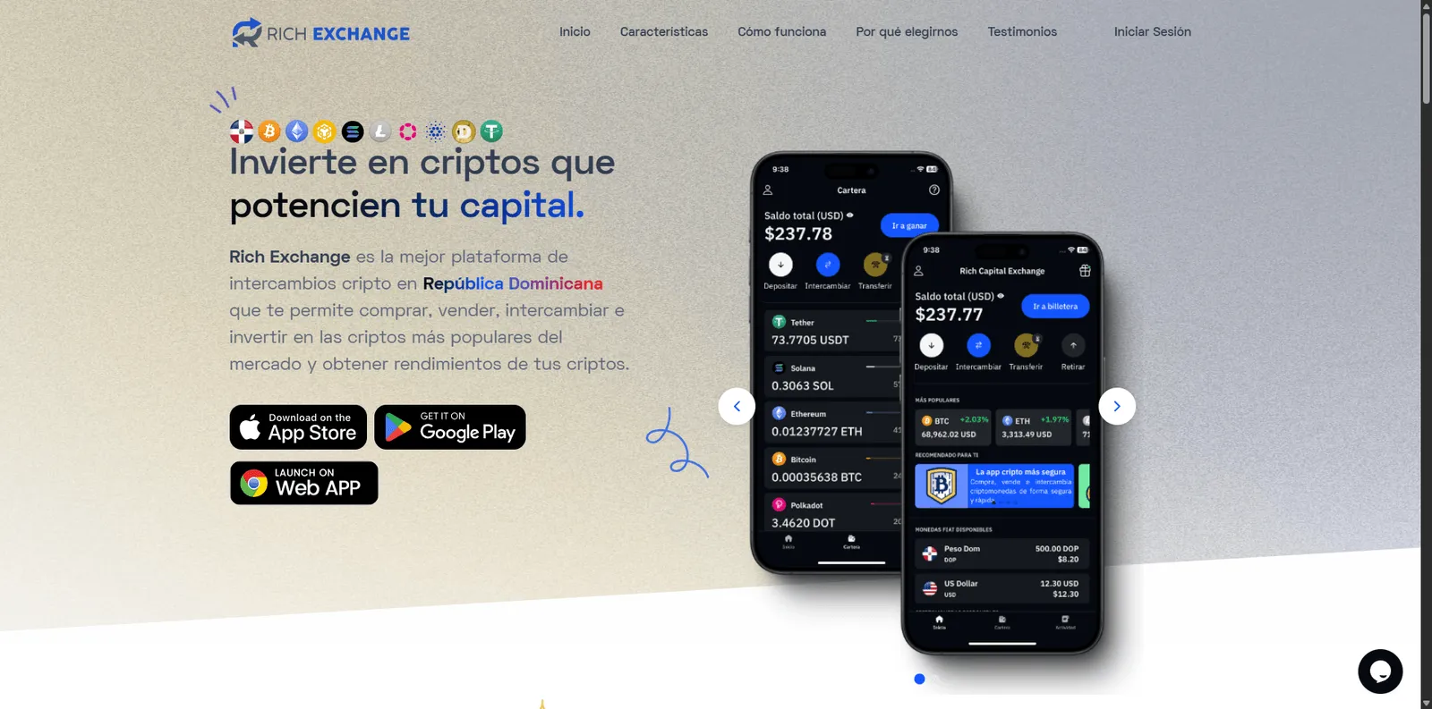 Landing de Rich Exchange con las apps de iOS y Android y la app móvil mostrando la cartera del usuario.