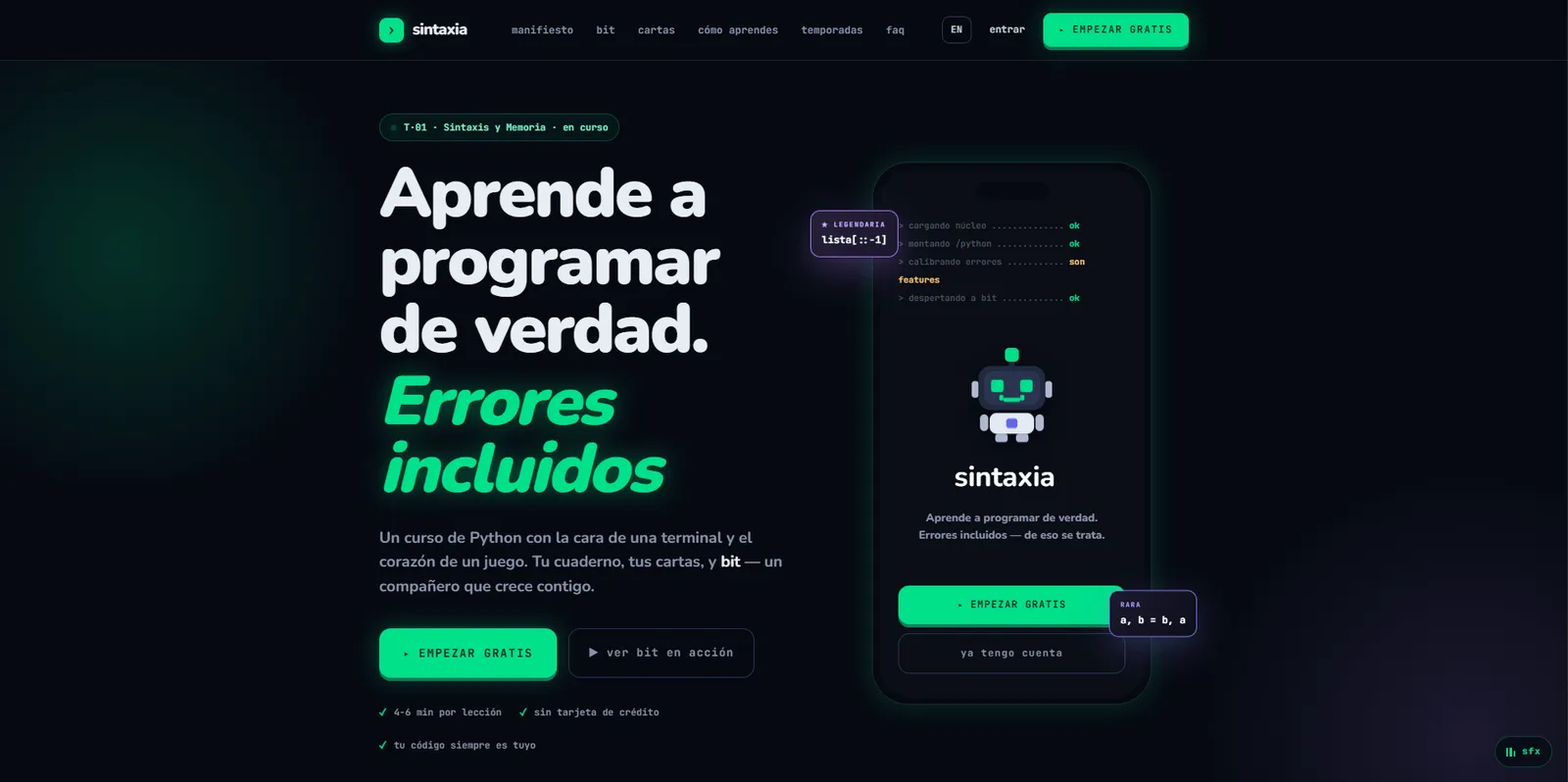 Portada de sintaxia_: «Aprende a programar de verdad. Errores incluidos», con bit arrancando el núcleo y la promesa de 4-6 minutos por lección sin tarjeta de crédito.
