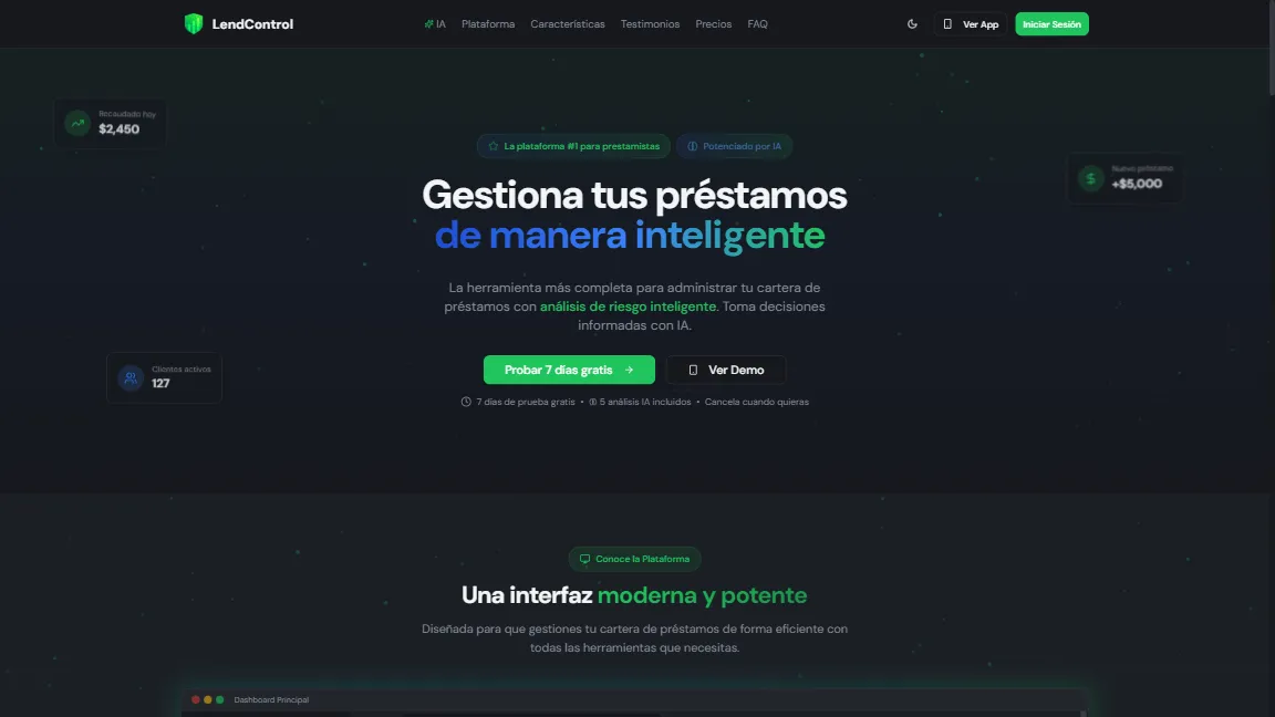 Landing de LendControl con el mensaje «Gestiona tus préstamos de manera inteligente».