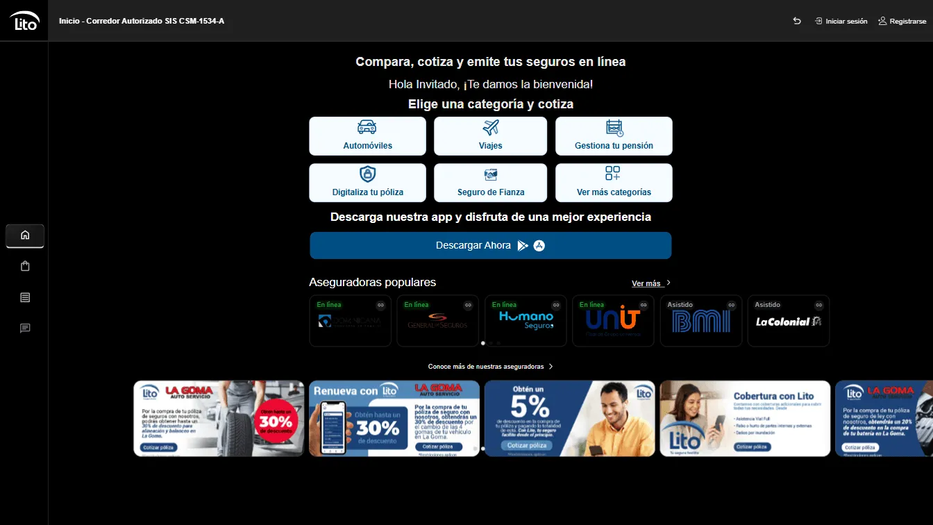 Portal web de LITO: categorías para cotizar seguros y listado de aseguradoras integradas.