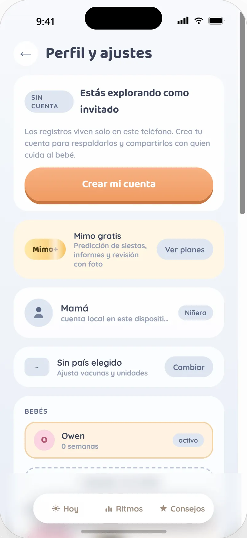 Perfil y ajustes: aviso de que se explora como invitado y los registros viven solo en el teléfono, planes Mimo+, cuidador con rol y el bebé activo.
