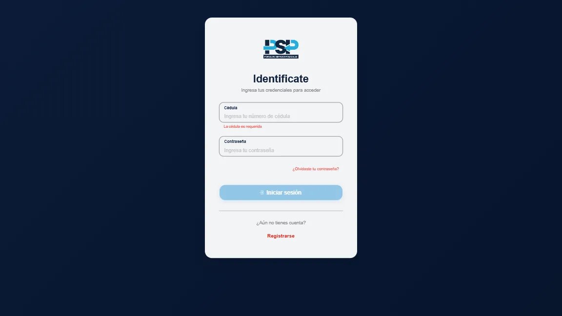 Pantalla de inicio de sesión del portal PSP con acceso por número de cédula.