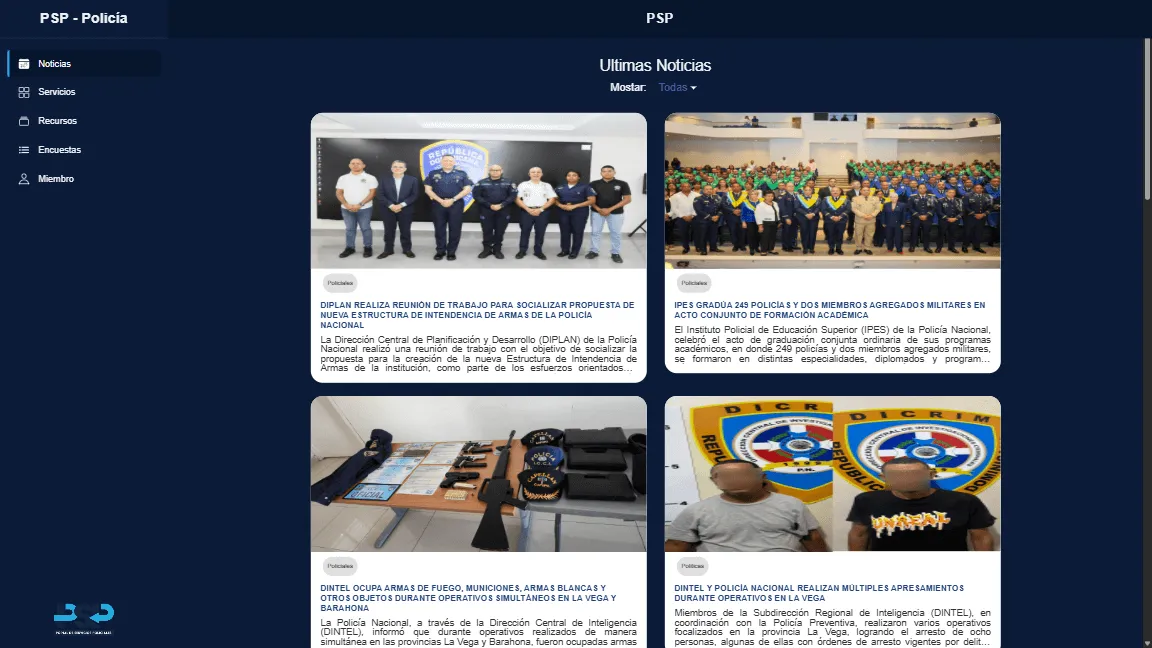 Portal PSP mostrando el listado de noticias institucionales y el menú lateral de servicios.