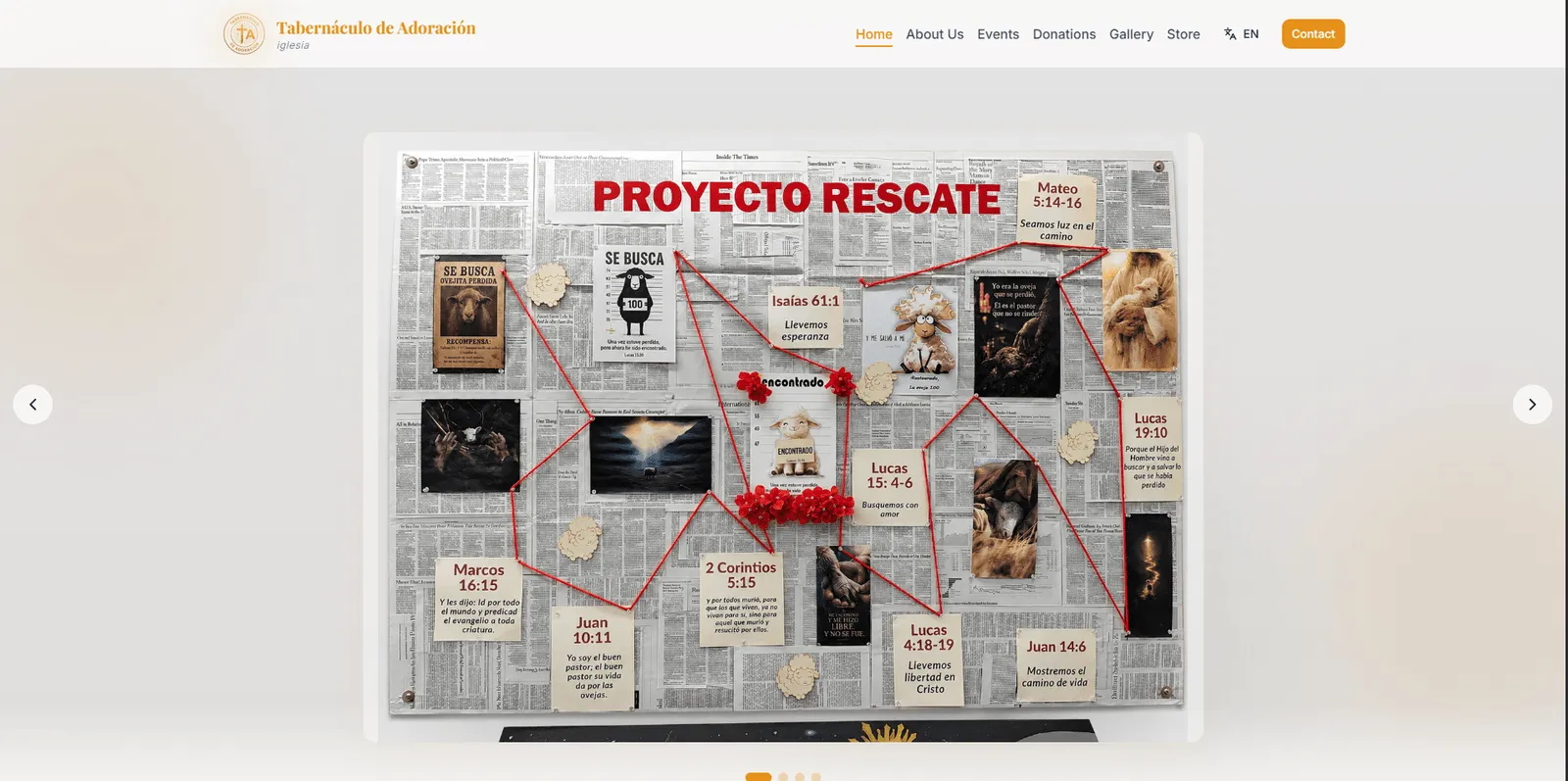 Portada del sitio del Tabernáculo de Adoración con el carrusel del Proyecto Rescate.