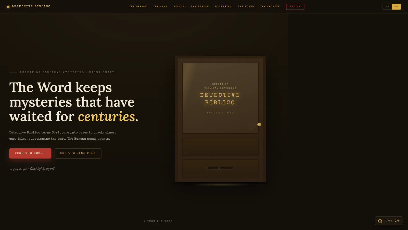 Portada del sitio: «The Word keeps mysteries that have waited for centuries», con la puerta de la oficina 015 del Bureau of Biblical Mysteries y los botones de empujar la puerta o ver el expediente.